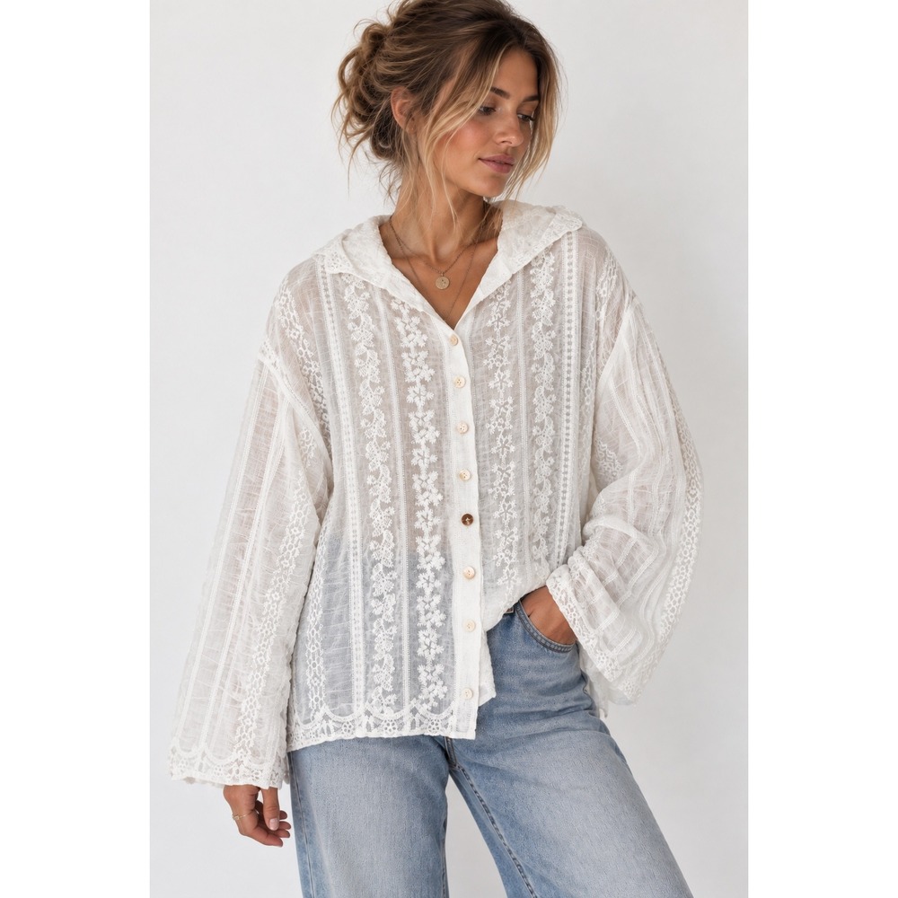 POL White Embroidered Eyelet Lace Button Front Blouse Boho Romantic Cottagecore